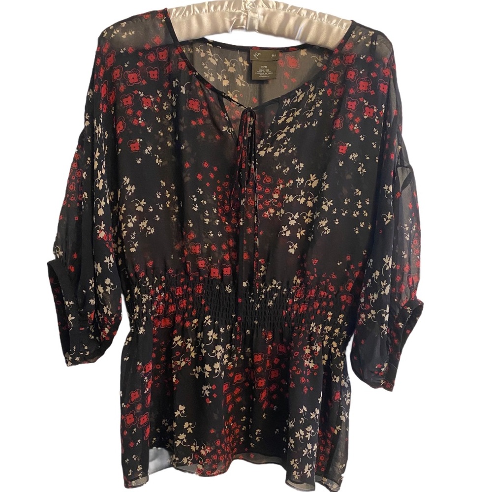 Anthropologie Fei Floral Silk Sheer 3/4 Sleeve Blouse Size M
